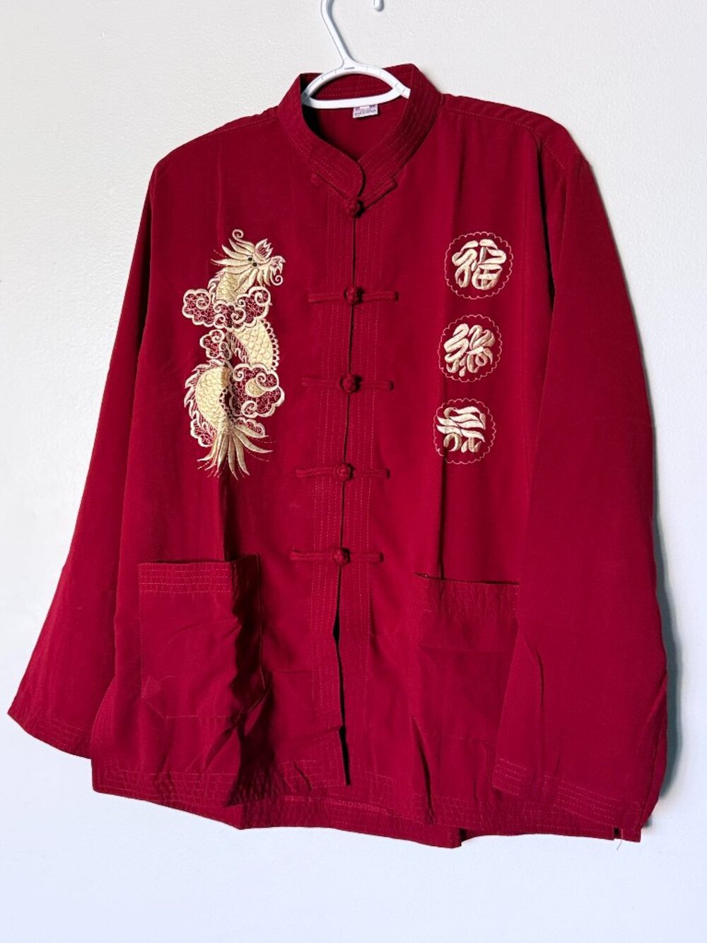 XUAN Large 100% silk mandrain Chinese style DRAGON jacket embroidered red gold L